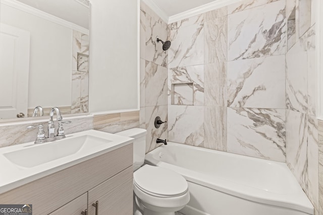 full bathroom with vanity, tiled shower / bath combo, toilet, ornamental molding, and tile walls