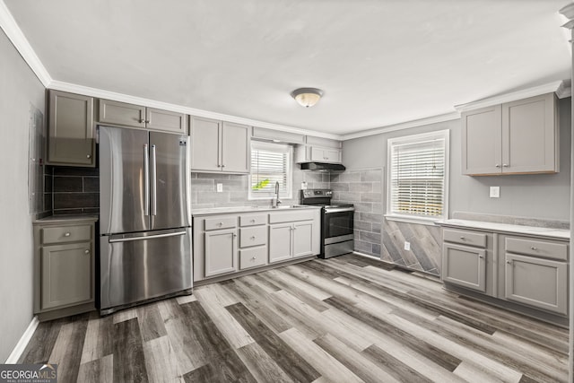 kitchen featuring gray cabinetry, sink, and appliances with stainless steel finishes