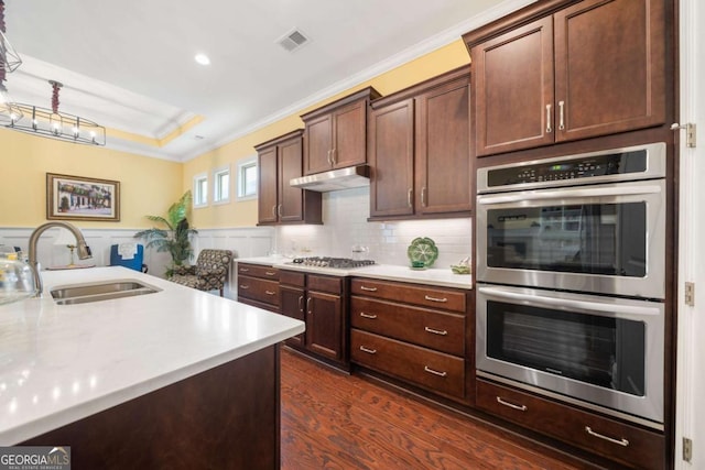 kitchen with appliances with stainless steel finishes, ornamental molding, dark wood-type flooring, sink, and hanging light fixtures