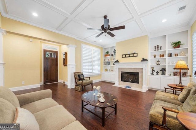 living room with a high end fireplace, coffered ceiling, ceiling fan, dark wood-type flooring, and built in features