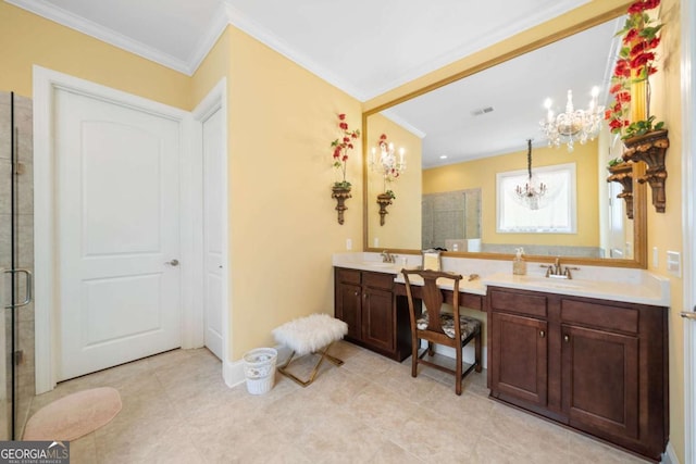 bathroom featuring crown molding, tile patterned flooring, an enclosed shower, and a notable chandelier