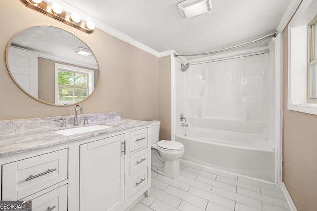 full bathroom featuring tile patterned floors, shower / bathtub combination, vanity, crown molding, and toilet