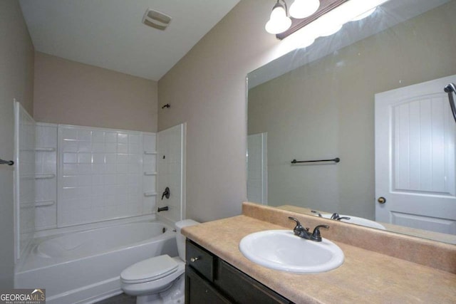 full bathroom featuring vanity, shower / bath combination, and toilet