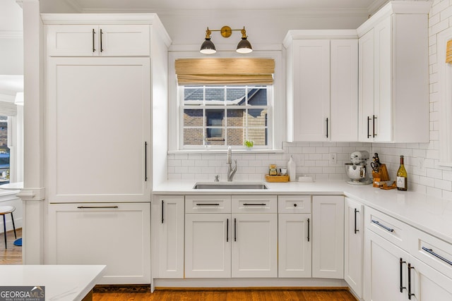 kitchen featuring tasteful backsplash, white cabinetry, sink, and ornamental molding