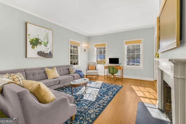 living room featuring crown molding and light hardwood / wood-style flooring