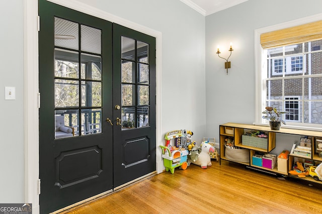 doorway to outside featuring crown molding, french doors, and wood-type flooring