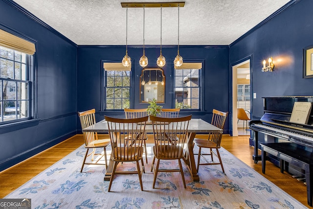 dining room featuring crown molding, a textured ceiling, and hardwood / wood-style flooring