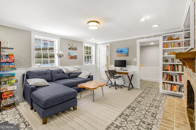 living room featuring ornamental molding