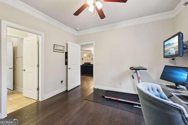 office with ceiling fan, crown molding, and dark wood-type flooring