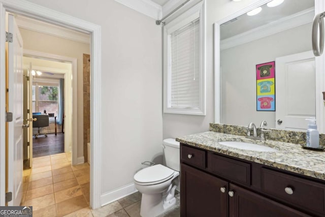 bathroom featuring crown molding, tile patterned flooring, vanity, and toilet