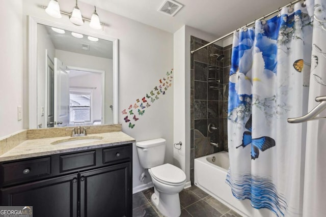 full bathroom with tile patterned floors, vanity, toilet, and shower / tub combo with curtain