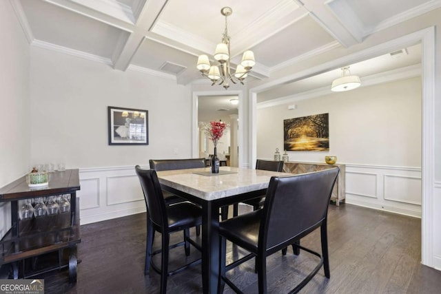 dining area with a chandelier, ornamental molding, dark hardwood / wood-style flooring, and coffered ceiling