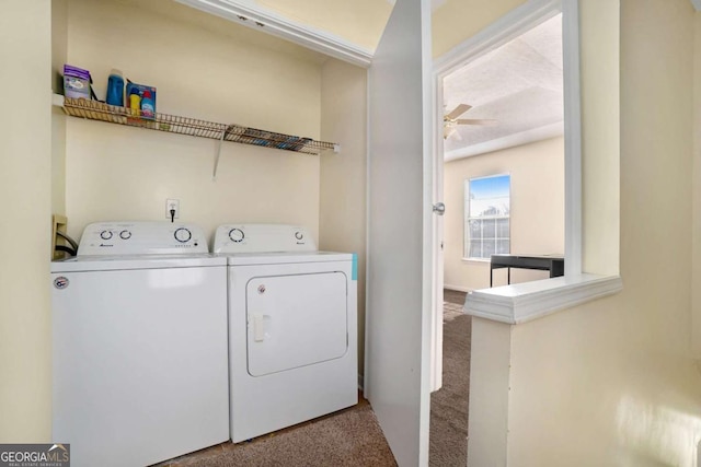 laundry room featuring carpet flooring, separate washer and dryer, and ceiling fan