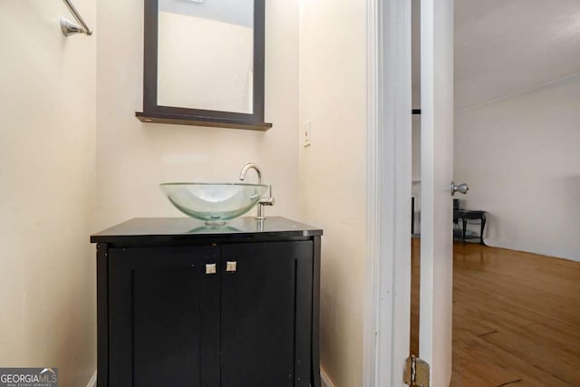 bathroom with wood-type flooring and vanity