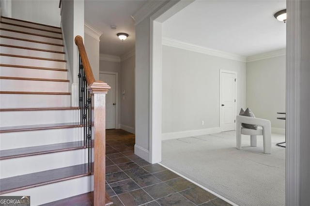 stairs with crown molding and carpet floors