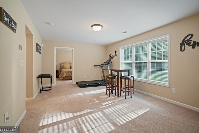 exercise room with light carpet