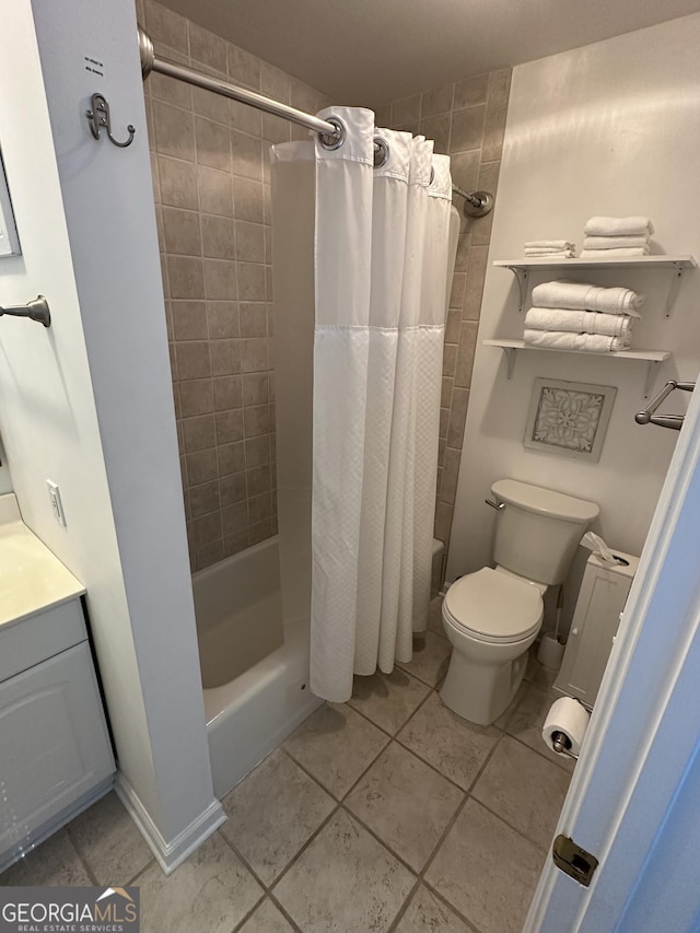 full bath featuring tile patterned floors, shower / bath combination with curtain, and toilet