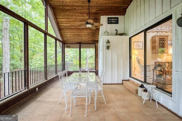 unfurnished sunroom with a healthy amount of sunlight, wooden ceiling, and lofted ceiling