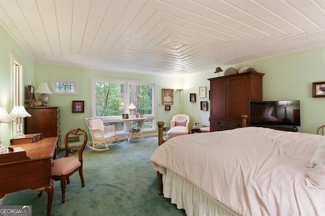 bedroom featuring carpet floors and wooden ceiling