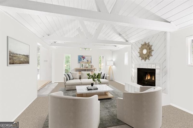 living room featuring carpet and lofted ceiling with beams