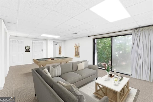 living room with light carpet, a drop ceiling, and billiards