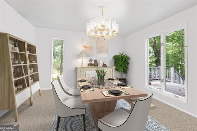 dining space with carpet flooring and an inviting chandelier