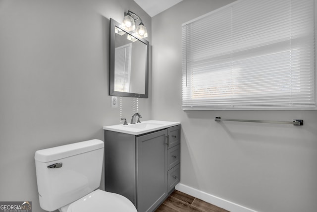 bathroom with hardwood / wood-style floors, vanity, and toilet