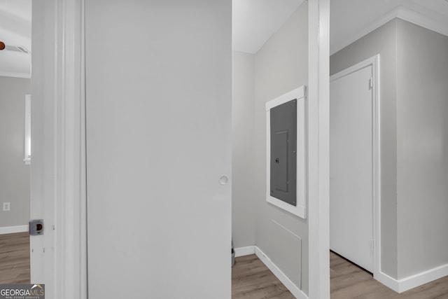 corridor featuring electric panel and light hardwood / wood-style floors