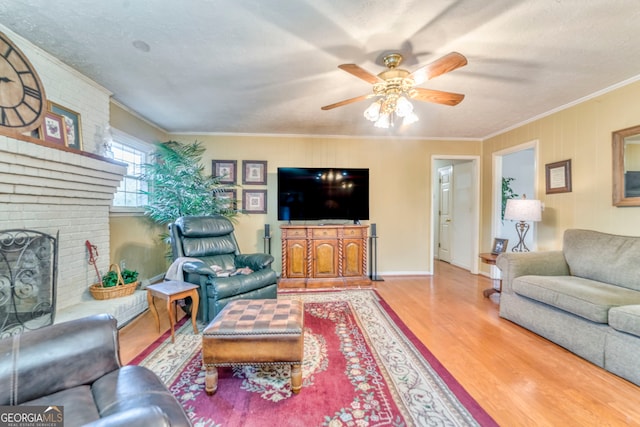 living room featuring a textured ceiling and ornamental molding