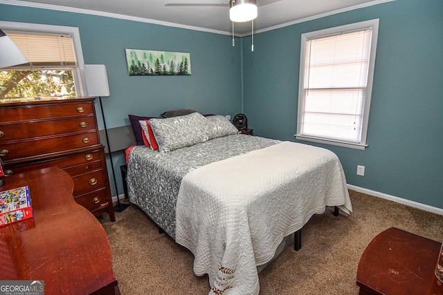 bedroom featuring carpet, multiple windows, and ceiling fan