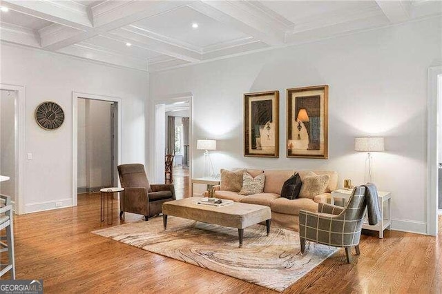 living room with beamed ceiling, wood-type flooring, and coffered ceiling