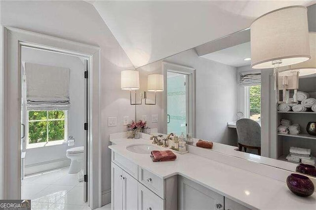 bathroom with vanity, toilet, and vaulted ceiling