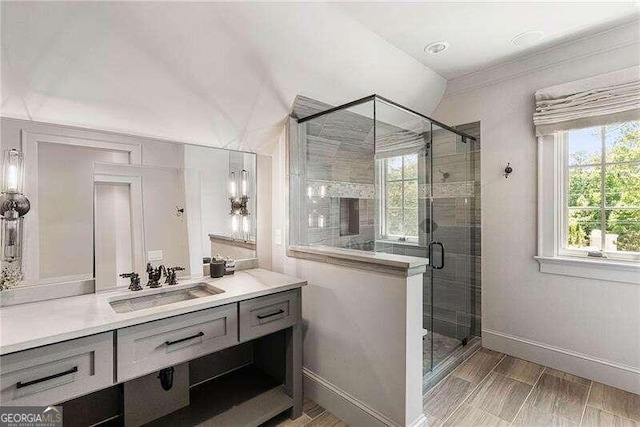 bathroom featuring vanity and a shower with shower door