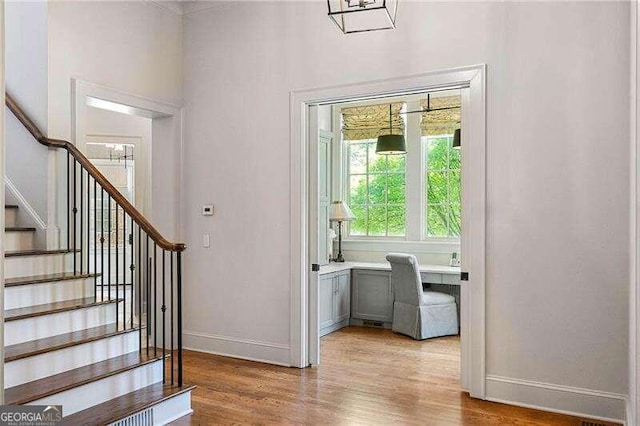 foyer entrance with hardwood / wood-style flooring