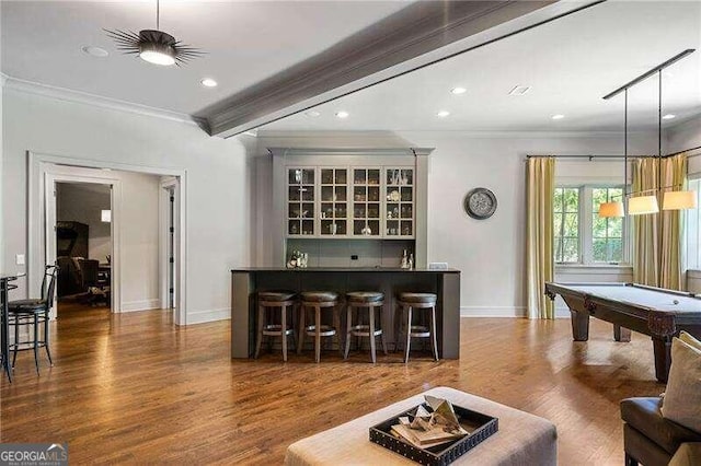 bar featuring pendant lighting, dark hardwood / wood-style flooring, crown molding, and billiards