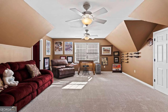 living room with ceiling fan, lofted ceiling, and light carpet