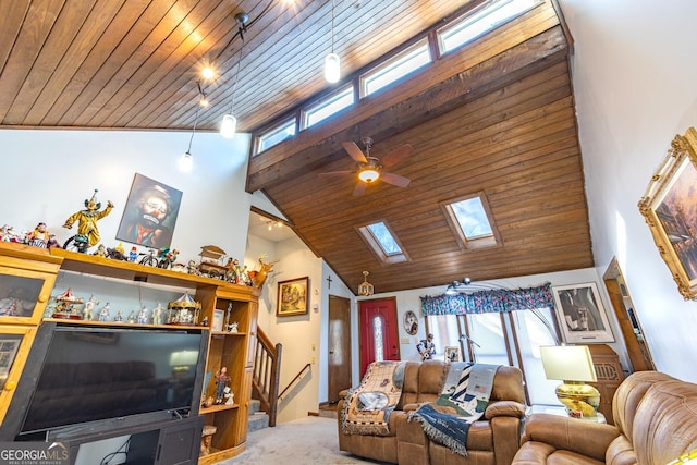 living room with ceiling fan, wood ceiling, high vaulted ceiling, and a skylight