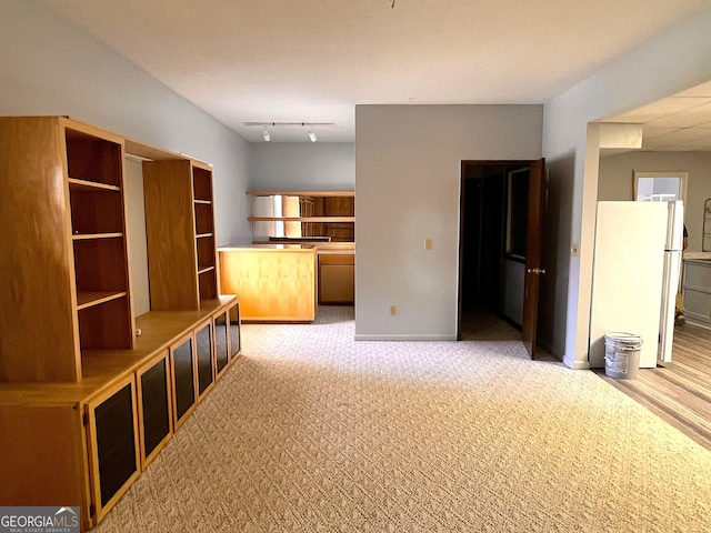 interior space featuring light colored carpet and track lighting