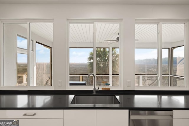 kitchen featuring white cabinets, ceiling fan, dishwasher, and sink