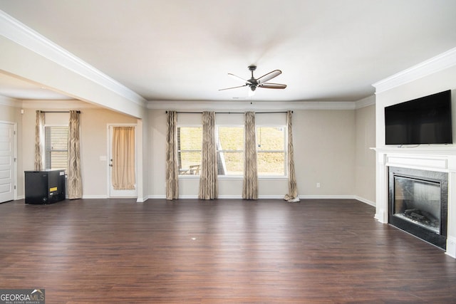 empty room with french doors, ornamental molding, and dark wood-type flooring