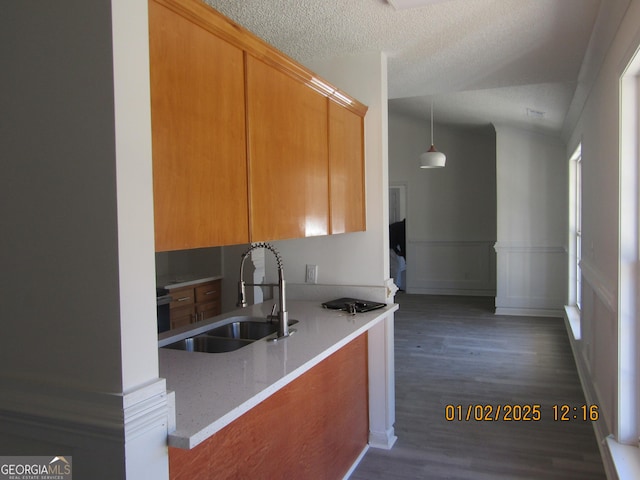 kitchen featuring a textured ceiling, pendant lighting, sink, and dark wood-type flooring