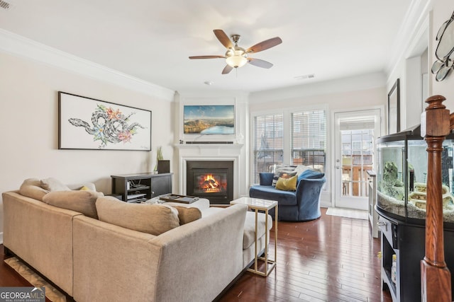 living room with dark hardwood / wood-style flooring, ceiling fan, and ornamental molding