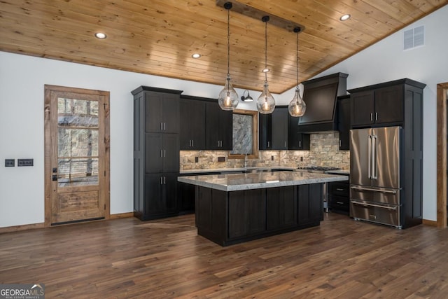 kitchen featuring a kitchen island, decorative light fixtures, light stone counters, high end fridge, and wooden ceiling