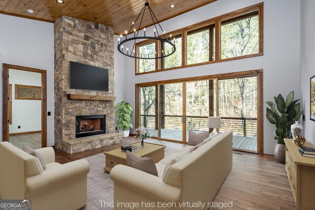 kitchen with high vaulted ceiling, custom range hood, a kitchen island, decorative light fixtures, and wooden ceiling