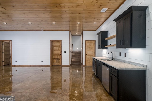 kitchen featuring dishwasher, sink, light stone countertops, and wooden ceiling