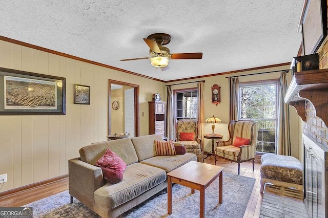 living room with ceiling fan, ornamental molding, a textured ceiling, and light hardwood / wood-style flooring