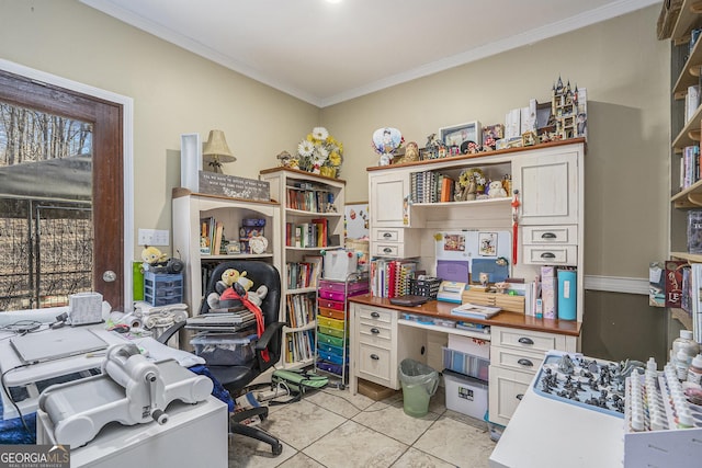 office space with crown molding and light tile patterned floors