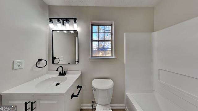 full bathroom featuring vanity, separate shower and tub, and toilet