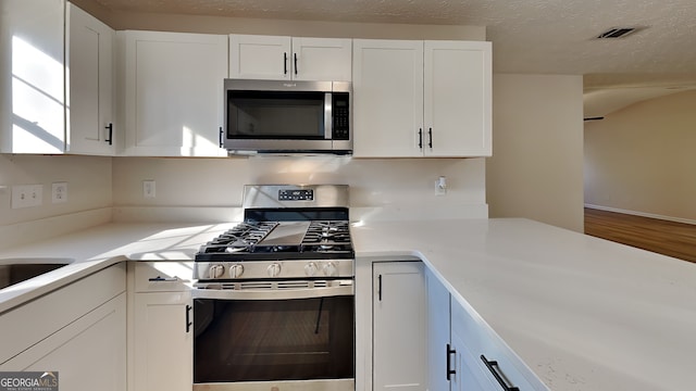 kitchen with white cabinets, a textured ceiling, and stainless steel appliances