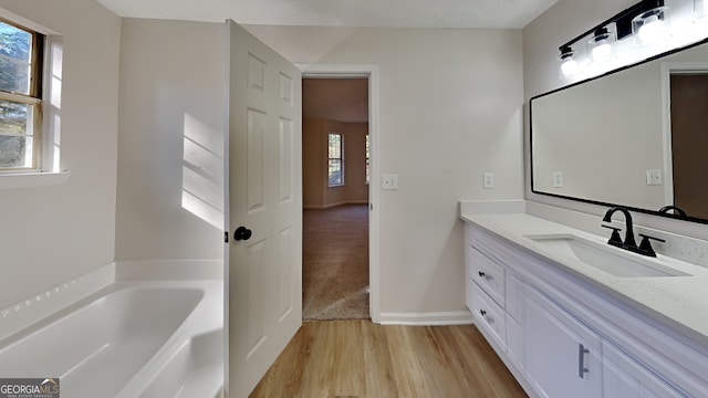 bathroom featuring hardwood / wood-style flooring, vanity, and a tub to relax in